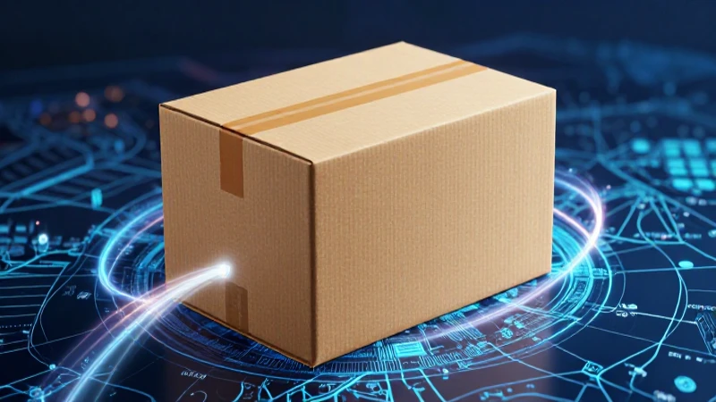 Caja de envío futurista con trayectoria digital brillante
