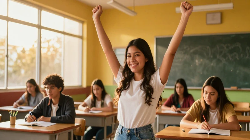 Estudiante mexicano triunfal en aula moderna