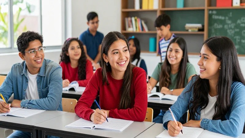 Jóvenes mexicanos colaboran alegre en moderno aula