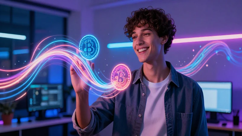 Joven sonríe entre flujo digital vibrante