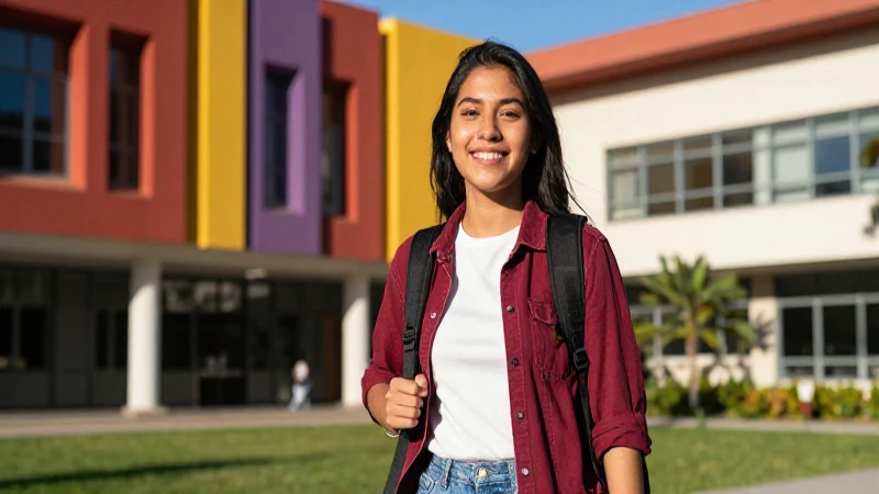 Estudiante mexicana sonriente en campus universitario moderno