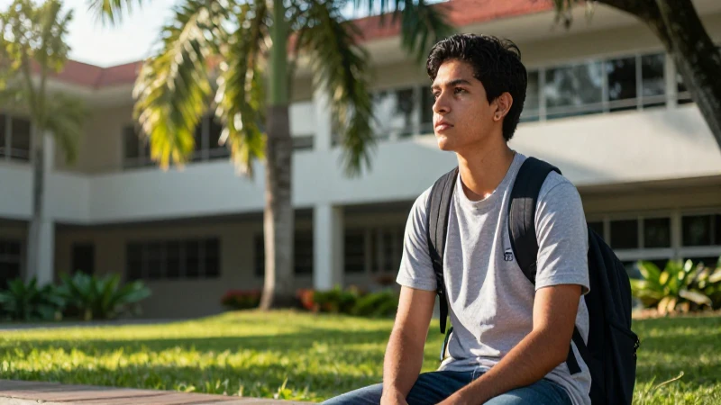 Estudiante mexicano en campus moderno y luminoso