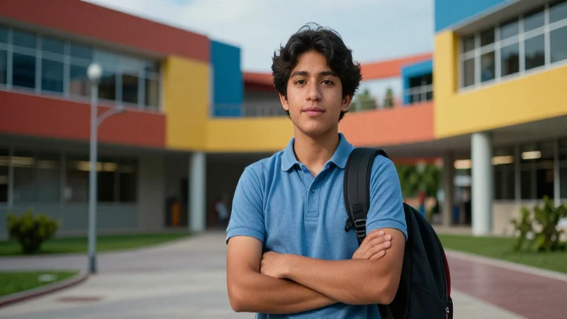 Estudiante mexicano exitoso en campus moderno y vibrante