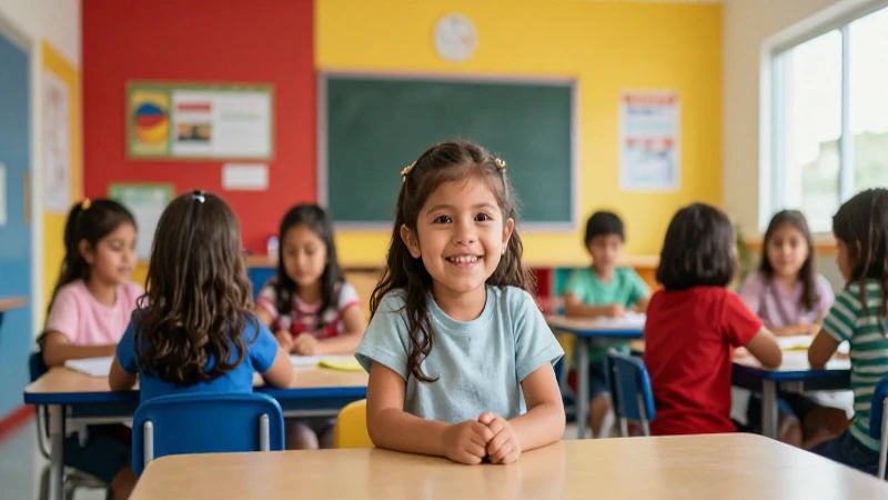 Niño mexicano sonriendo en aula moderna y vibrante