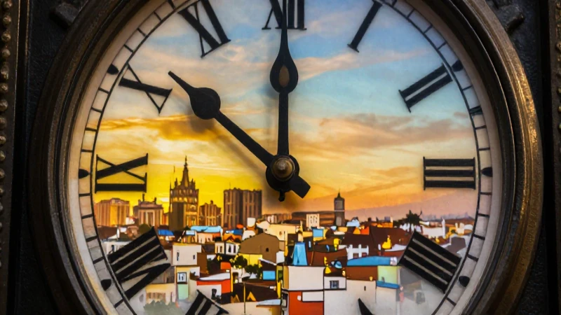 Reloj antiguo con luz dorada y fondo urbano