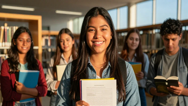 Estudiante mexicano exitoso en biblioteca moderna