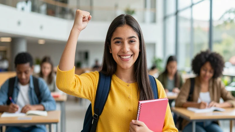 Estudiante mexicano exitoso en campus universitario moderno