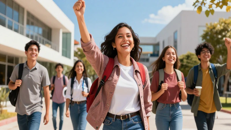 Estudiantes mexicanos alegres en un vibrante campus moderno