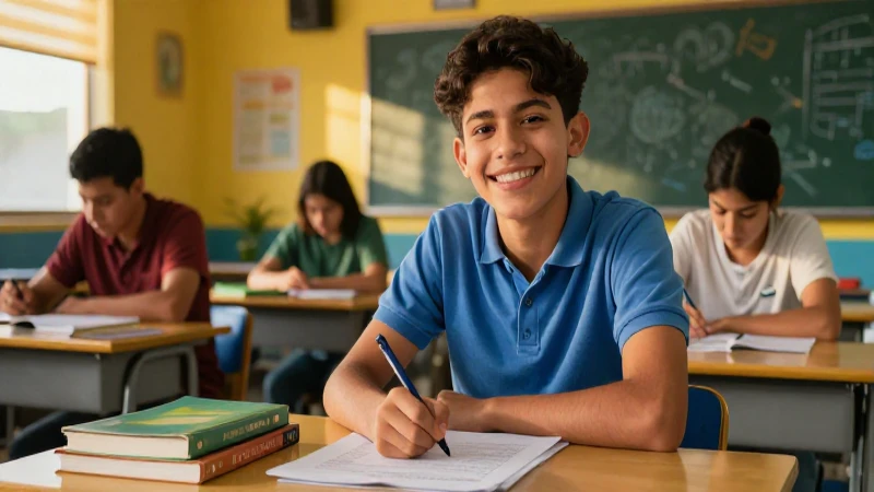 Estudiante mexicano sonríe en aula moderna