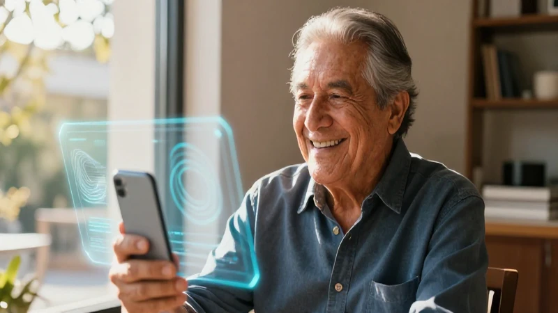 Retirado sonriente en hogar moderno con acceso digital