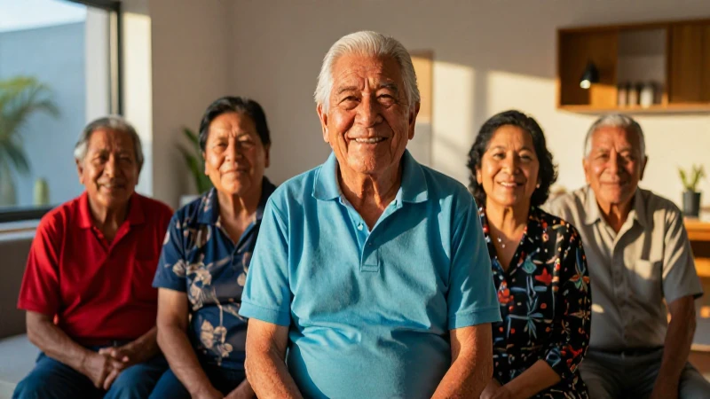 Retirado mexicano sonriente en casa moderna