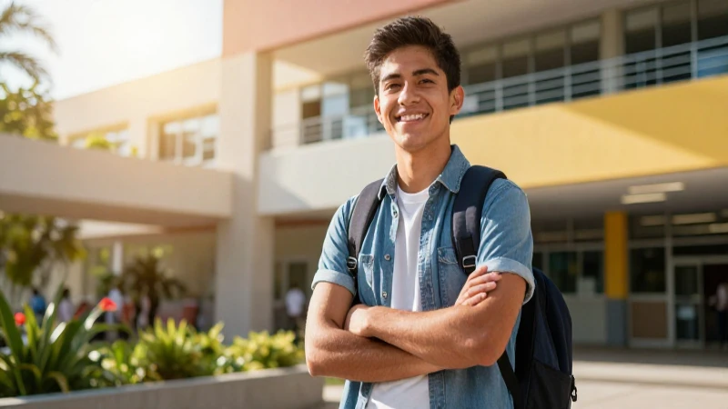 Joven mexicano en campus moderno y aspiracional