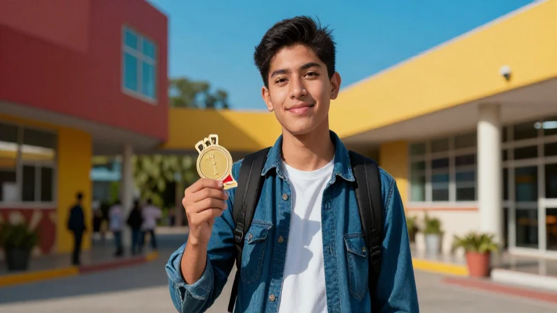 Estudiante mexicano en campus, logrando éxito