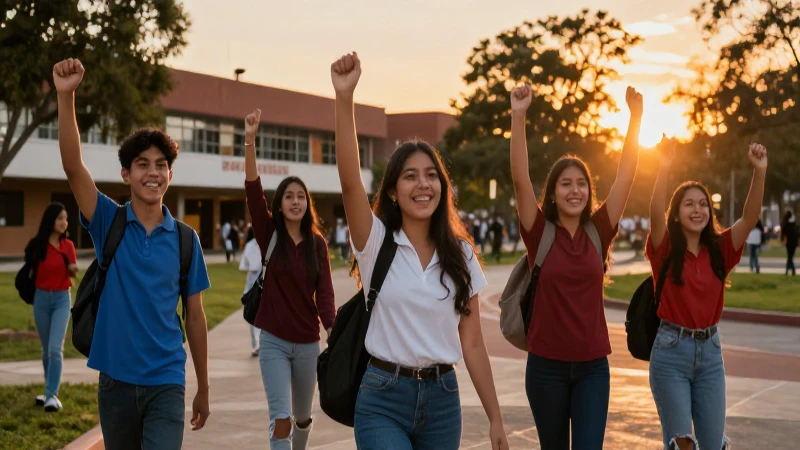 Estudiantes celebrando éxito en el campus mexicano