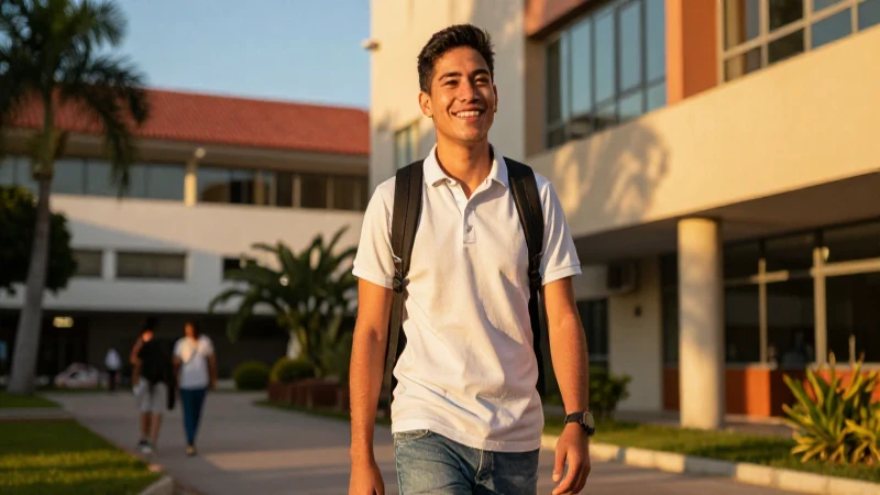 Joven mexicano sonríe en campus universitario vibrante