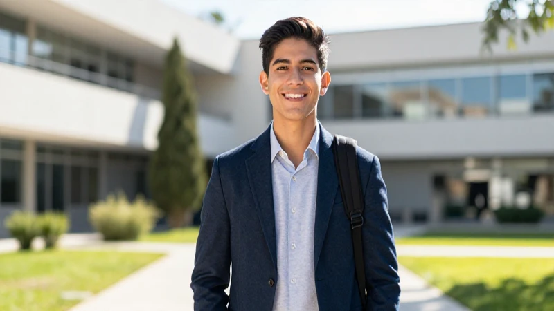 Joven estudiante sonriente en campus universitario moderno
