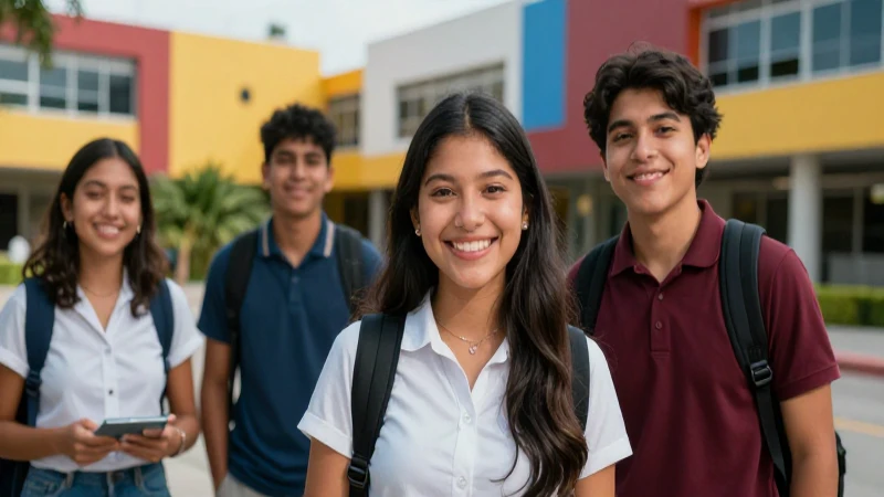 Estudiantes mexicanos sonrientes en campus moderno