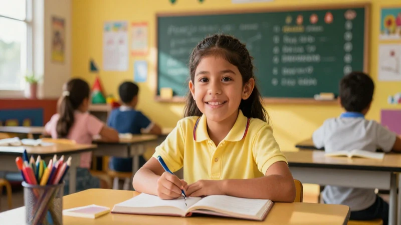 Niño feliz en aula moderna y vibrante