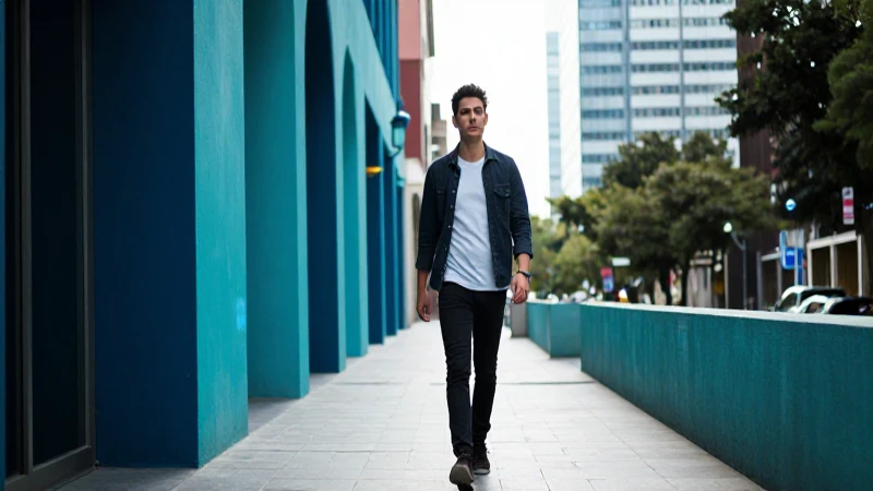 Joven decidido avanza hacia una luz urbana
