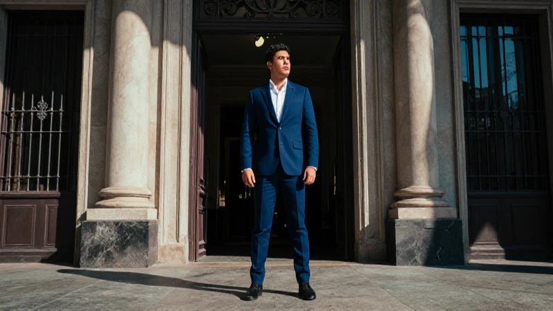 Joven mexicano decidido, elegante, ante arquitectura imponente