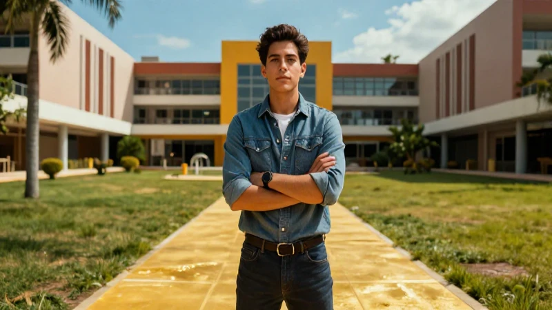 Joven mexicano camina por un camino dorado en campus