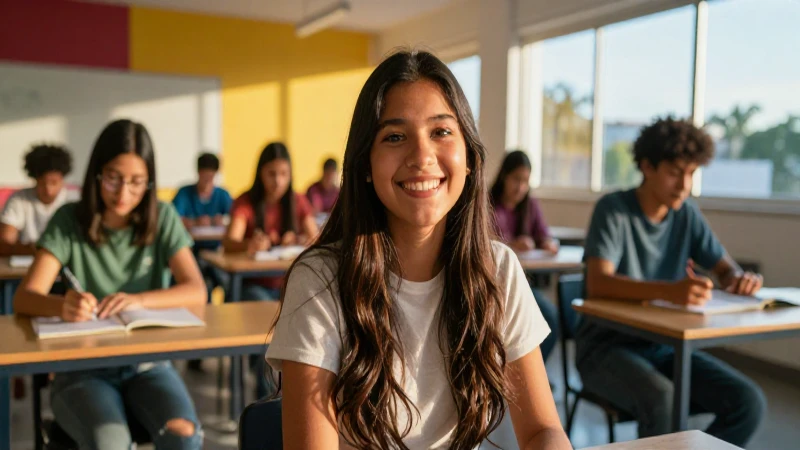 Joven mexicana sonríe en entorno educativo moderno
