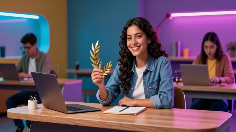 Estudiante mexicano sonriente con laurel futurista