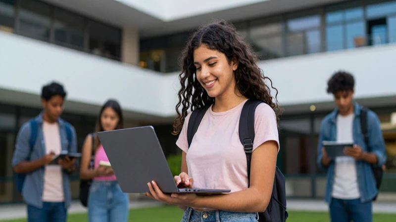 Joven mexicano sonriente con laptop en campus moderno