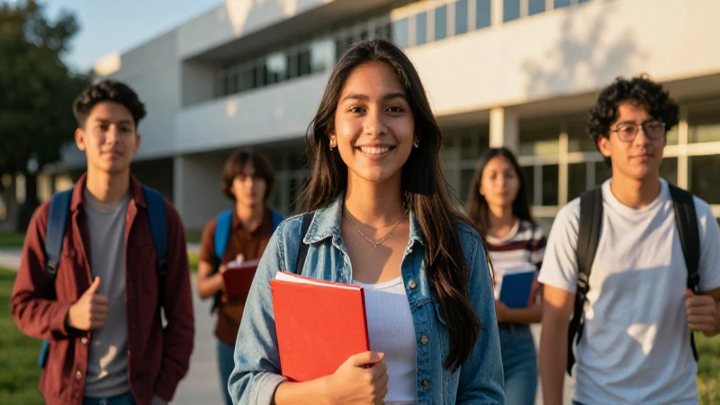 Estudiante mexicano alegre en campus vibrante