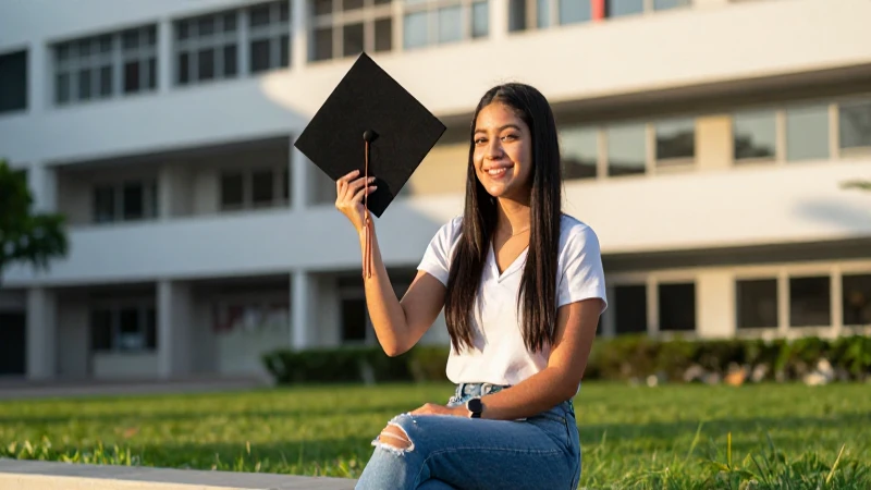 Estudiante mexicano graduado en campus moderno y vibrante