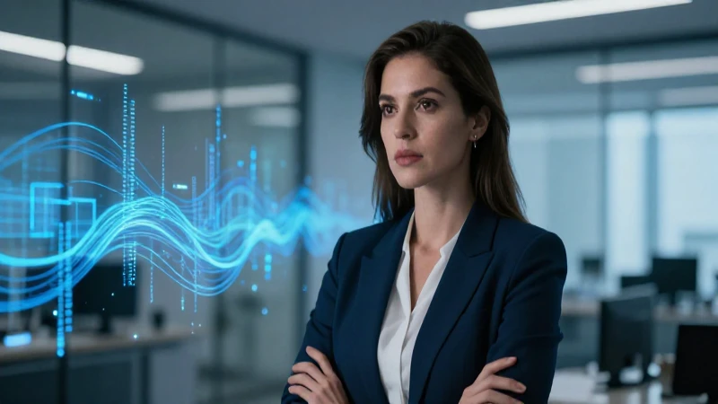 Mujer profesional con datos digitales en oficina moderna