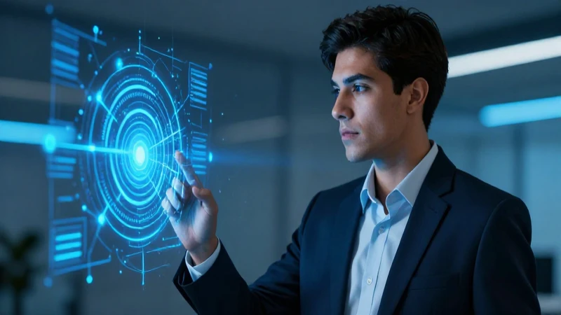 Joven profesional mexicano observa red digital azul brillante