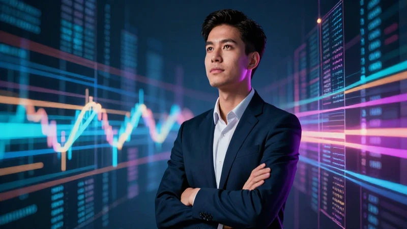 Joven profesional brillante en entorno financiero futurista
