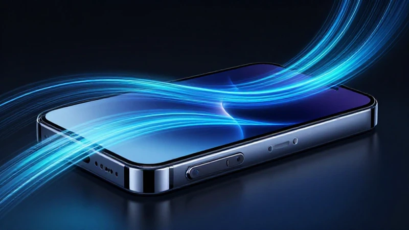 Smartphone con flujos de datos azules y dinámicos