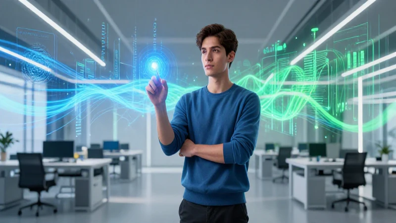 Joven interactúa con datos futuristas en oficina