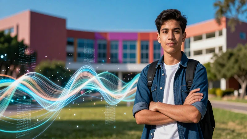 Joven mexicano seguro en campus moderno y digital