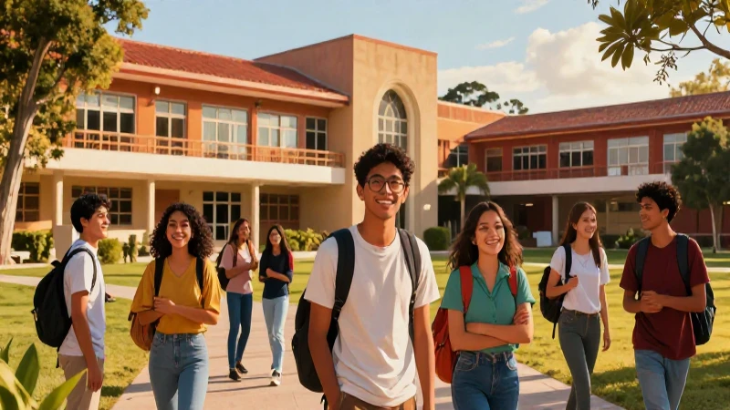 Campus universitario mexicano con estudiante sonriente