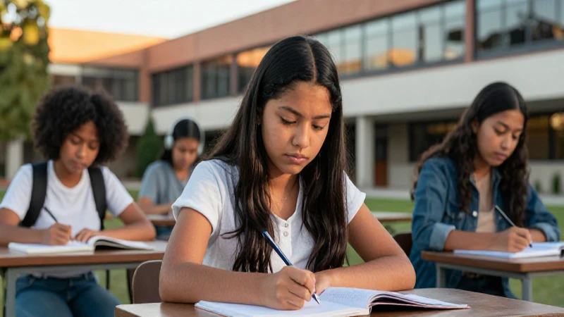 Joven mexicana estudiando con determinación bajo la luz del atardecer