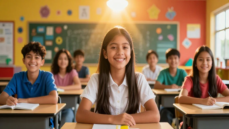 Estudiante feliz y vibrante en aula moderna