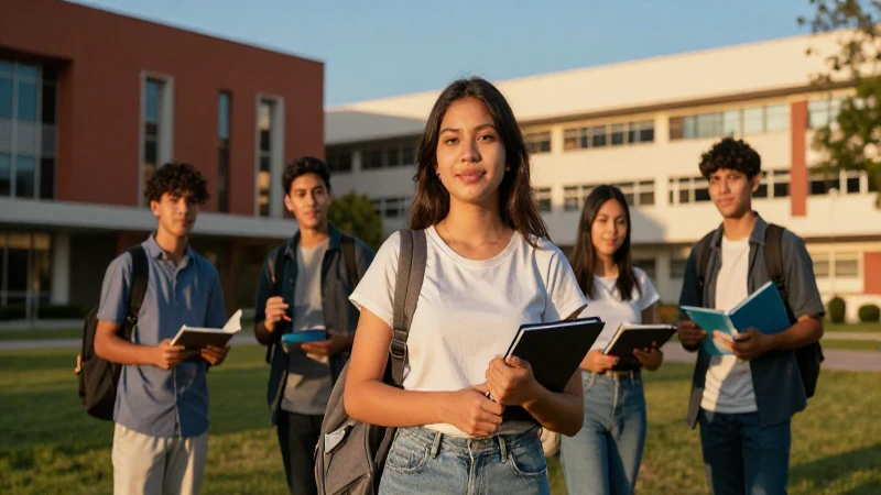 Estudiante mexicano universitario en campus moderno y vibrante