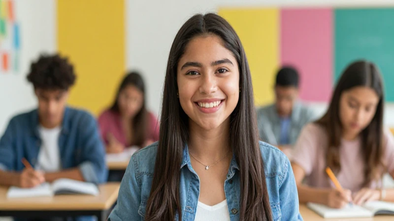 Estudiante mexicano sonríe en ambiente educativo moderno