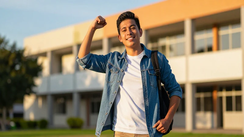 Joven mexicano exitoso en campus con luz dorada