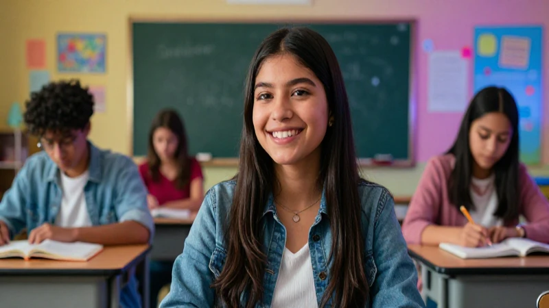 Estudiante mexicano sonriente en aula moderna