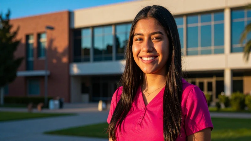 Estudiante sonriente en campus universitario vibrante
