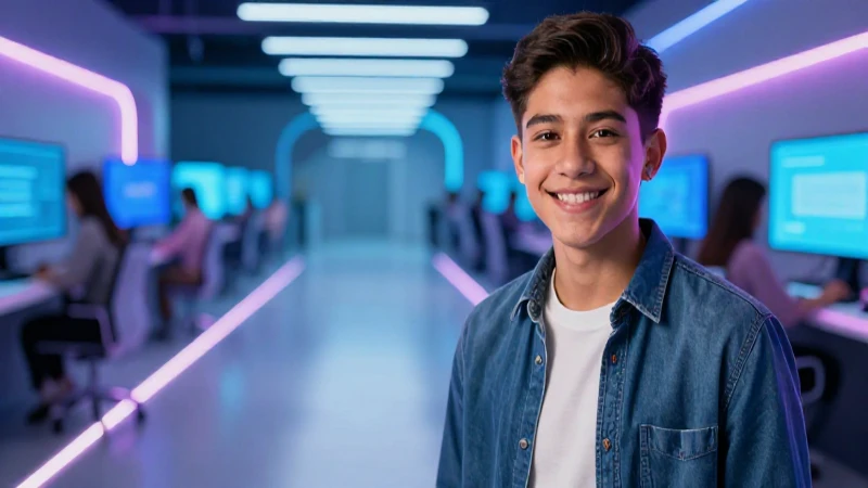 Joven mexicano sonriente en entorno educativo moderno