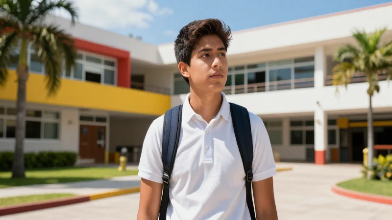 Estudiante mexicano determinado en campus moderno