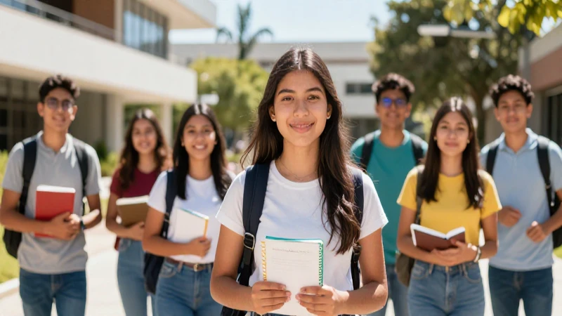 Estudiantes mexicanos optimistas en campus moderno y vibrante
