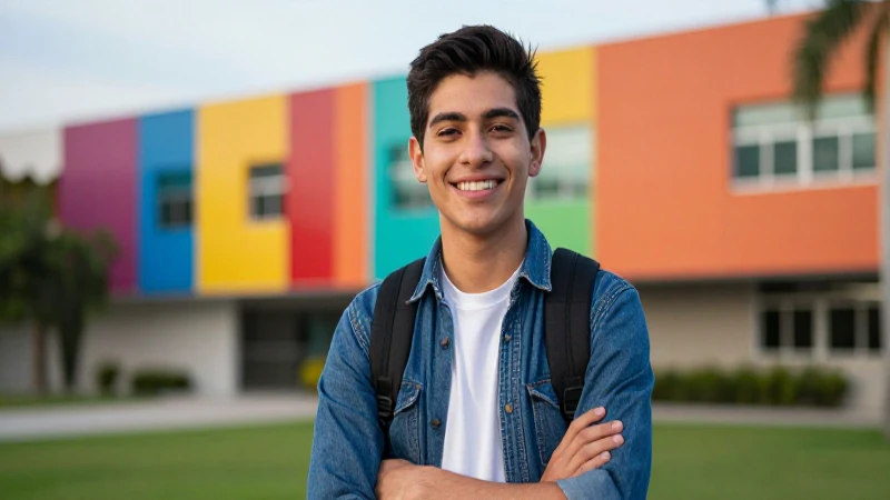 Joven mexicano sonriente en campus vibrante