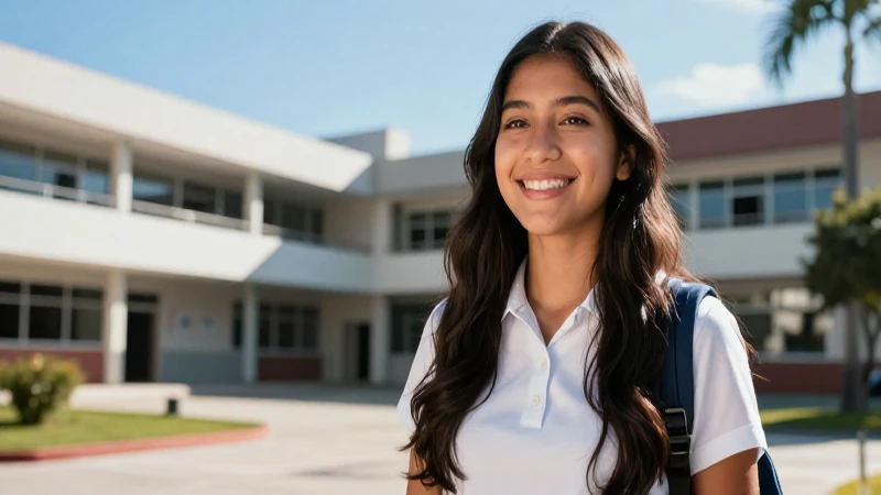 Estudiante mexicano esperanzado en campus moderno