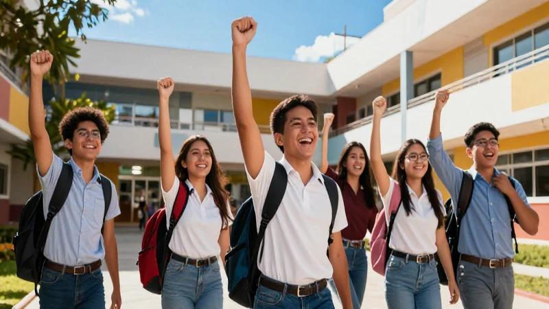 Estudiantes mexicanos celebran su éxito en un campus moderno